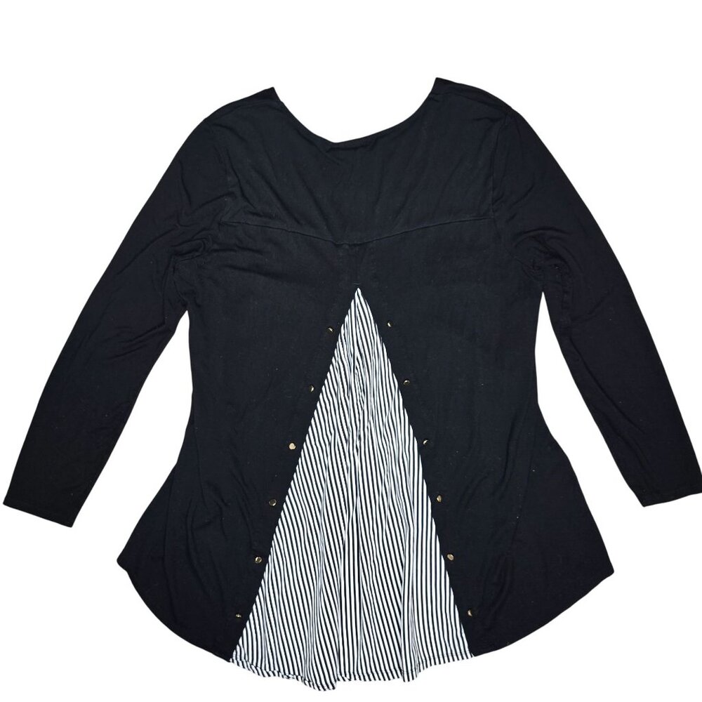 Chicos Womens Black & White Striped Accent Long Sleeve Top Size 2 Polyester Blen
